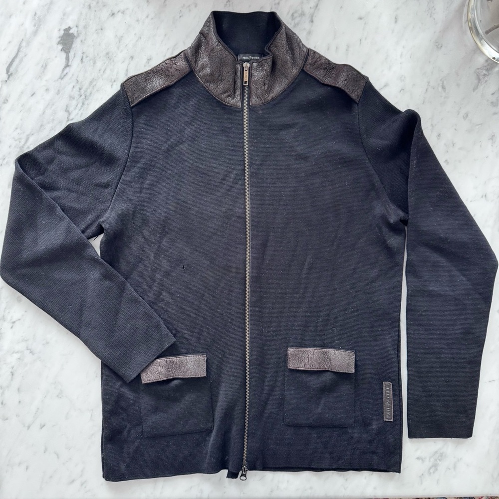 Phil Petter Men’s XL Full Zip Knit Jacket Leather Details 100% Merino Wool Black